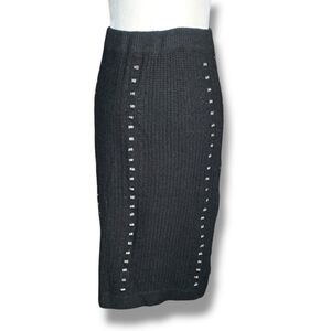 Vintage 90s Black Cable Knit Maxi Skirt Metallic Silver Studs Small Silk Angora